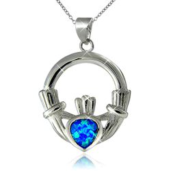 Blue Fire Opal Claddagh Pendant in Sterling Silver